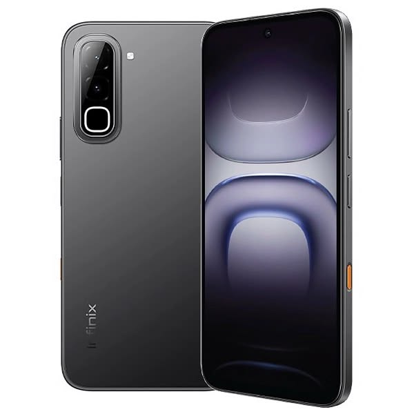 Infinix Hot 70 in Night Pulse black, back and front view with the oval camera island